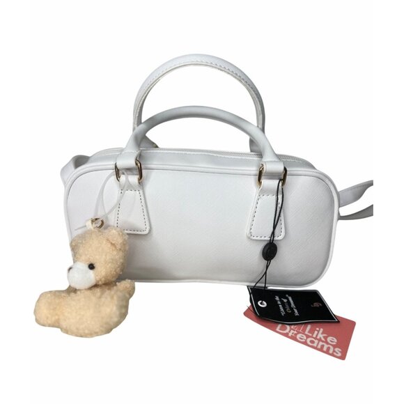 Like Dreams Mini White Vegan Leather Shoulder Bag With Teddy Bear Charm - Picture 9 of 11